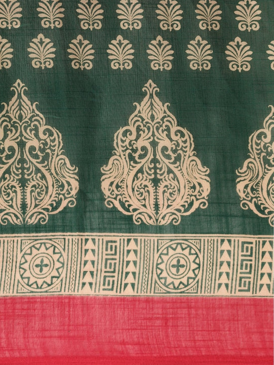 Dark Green Printed Art Silk Saree