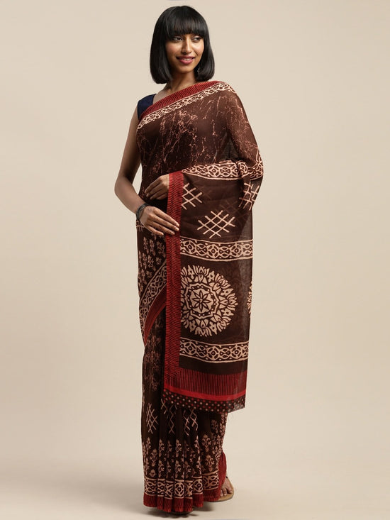 Brown Printed Art Silk Saree