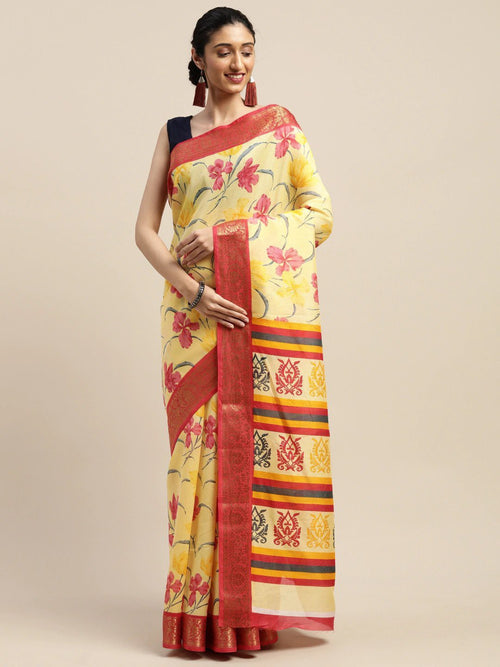 Yellow Printed Art Silk Saree