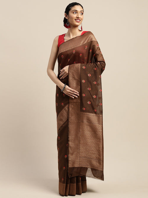 Brown Printed Art Silk Saree