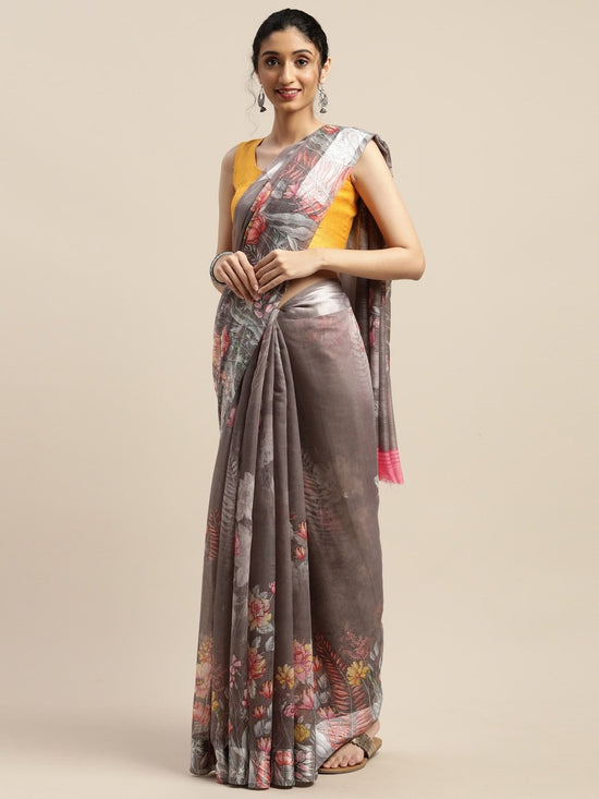 Grey Printed Art Silk Saree