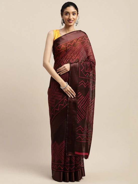 Brown Printed Art Silk Saree