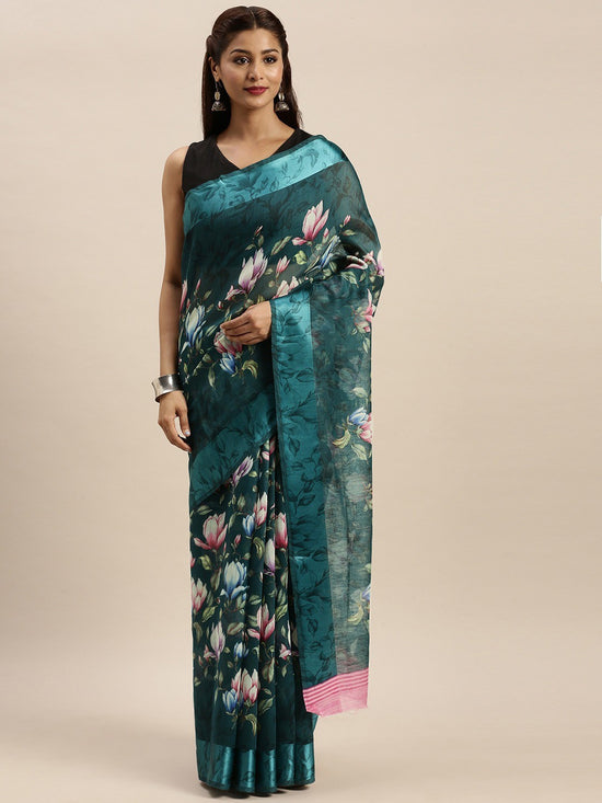 Dark Green Printed Art Silk Saree