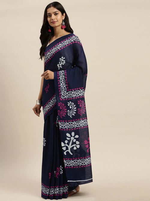 Dark Blue Printed Art Silk Saree