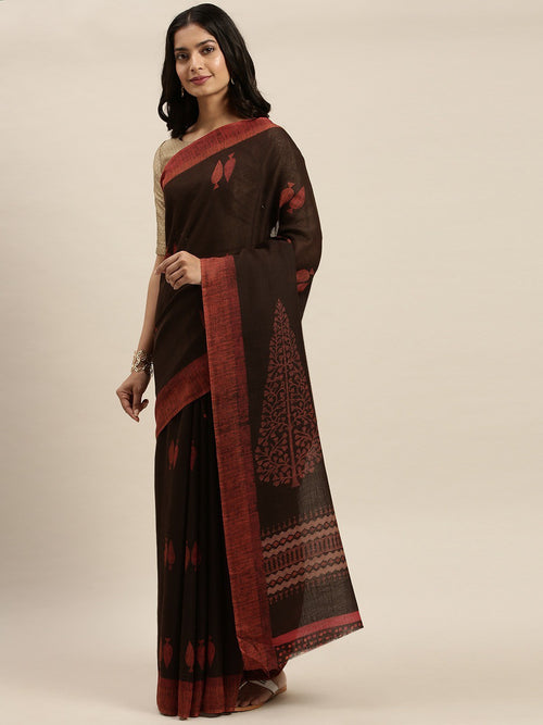 Brown Printed Art Silk Saree