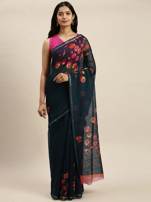 Dark Blue Printed Art Silk Saree