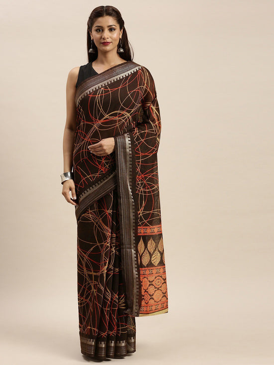 Brown Printed Art Silk Saree