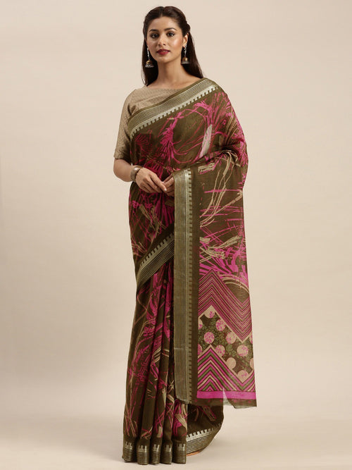 Dark Green Printed Art Silk Saree