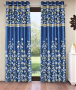 Home Sizzler 2 Piece Flower Border Panel Eyelet Polyester Window Curtains - 5 Feet, Blue