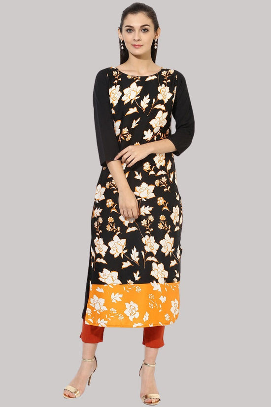 Women Crepe Fabric Fancy Printed Black Color A Line Kurta