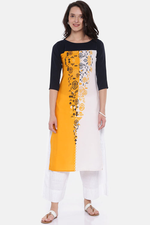 Ahika Women Crepe Fabric Printed Yellow A Line Kurta