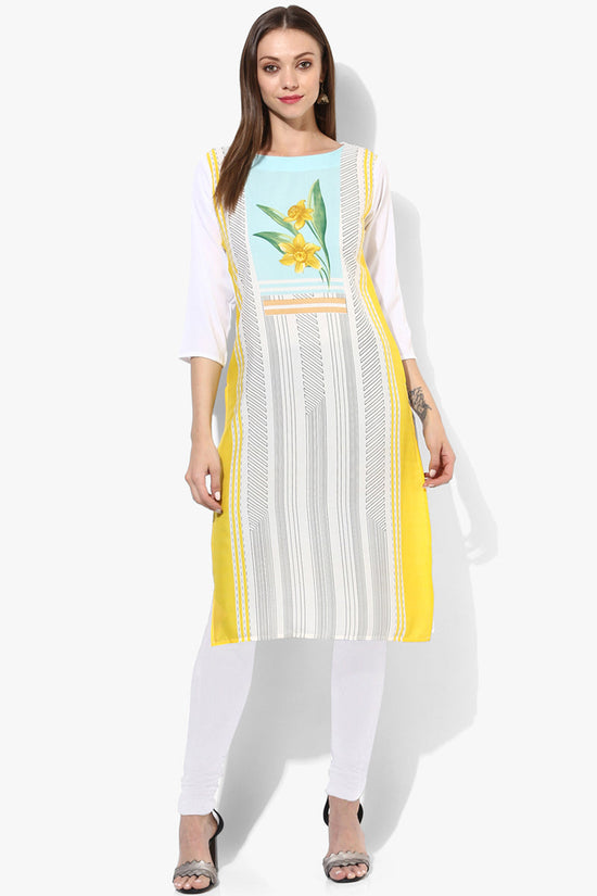 Women Crepe Fabric Fancy Printed White Color A Line Kurta