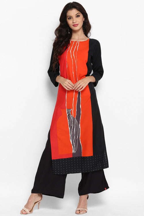 Women Orange Color Crepe Fabric Fancy Printed A Line Kurta