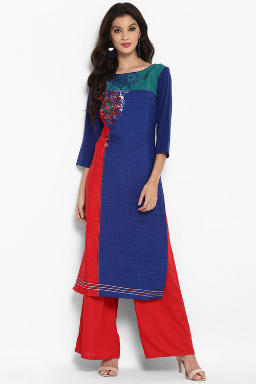 Women Blue Color Crepe Fabric Fancy Printed A Line Kurta