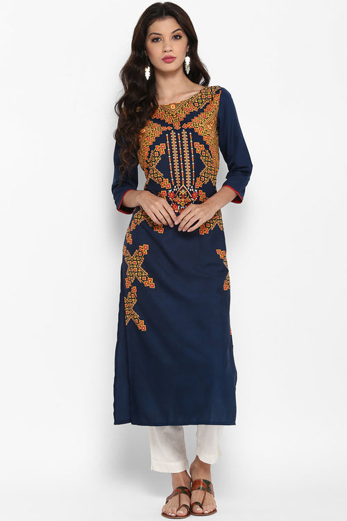 Ahika Women Navy Blue Color Crepe Fabric Fancy Printed A Line Kurta