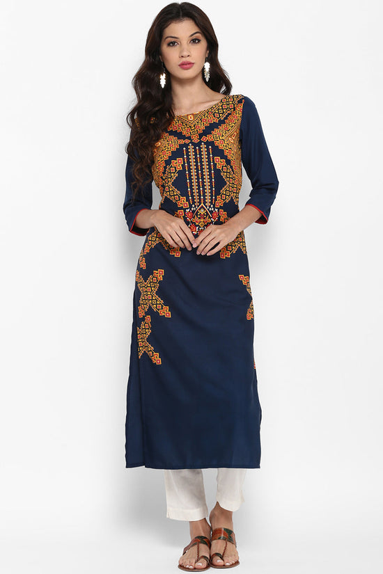 Ahika Women Navy Blue Color Crepe Fabric Fancy Printed A Line Kurta