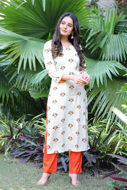 Ahika Women Crepe Fabric Beige Color Trendy Printed A Line Kurta