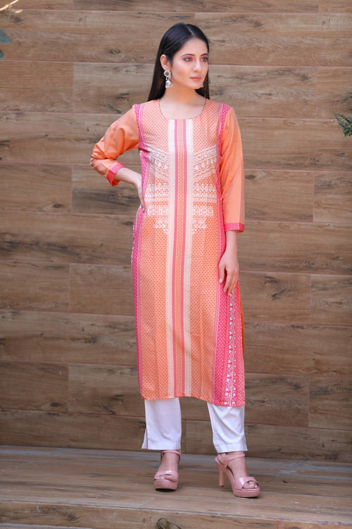 Women Occasion Wear Crepe Fabric Printed Stylish Peach Color Kurti