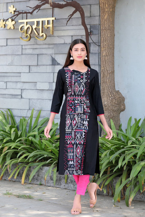 Women Crepe Fabric Trendy Festive Wear Black Color Printed Kurti