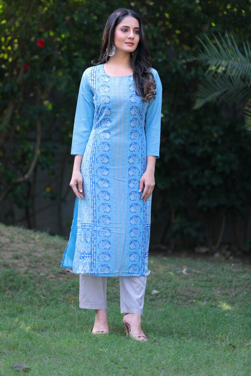 Ahika Women Crepe Fabric Printed Simple Function Wear Sky Blue Color Kurti