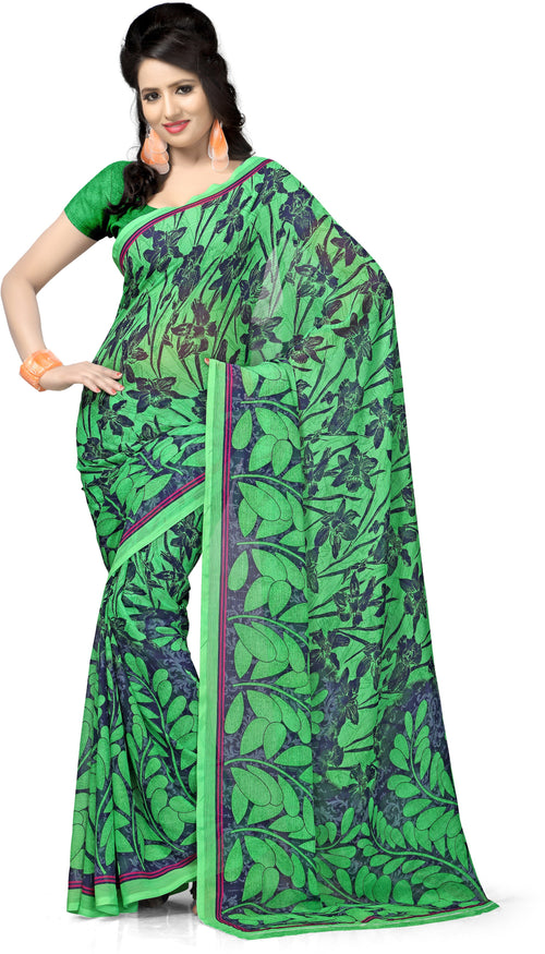 Green Floral Print Georgette Saree