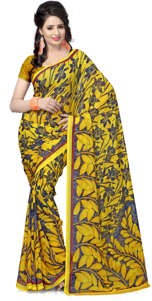 Yellow Floral Print Georgette Saree