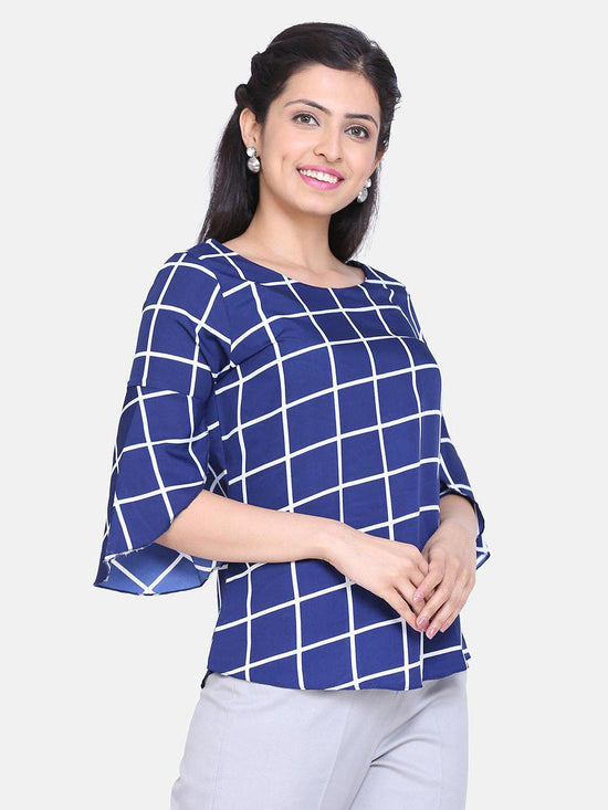 Windowpane Check Crepe Top - Royal Blue